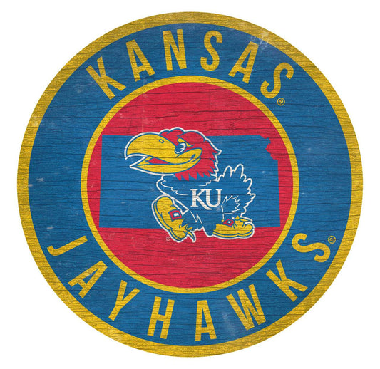 Kansas Jayhawks Wood Sign 12 Inch Round State Design - ToylandEU