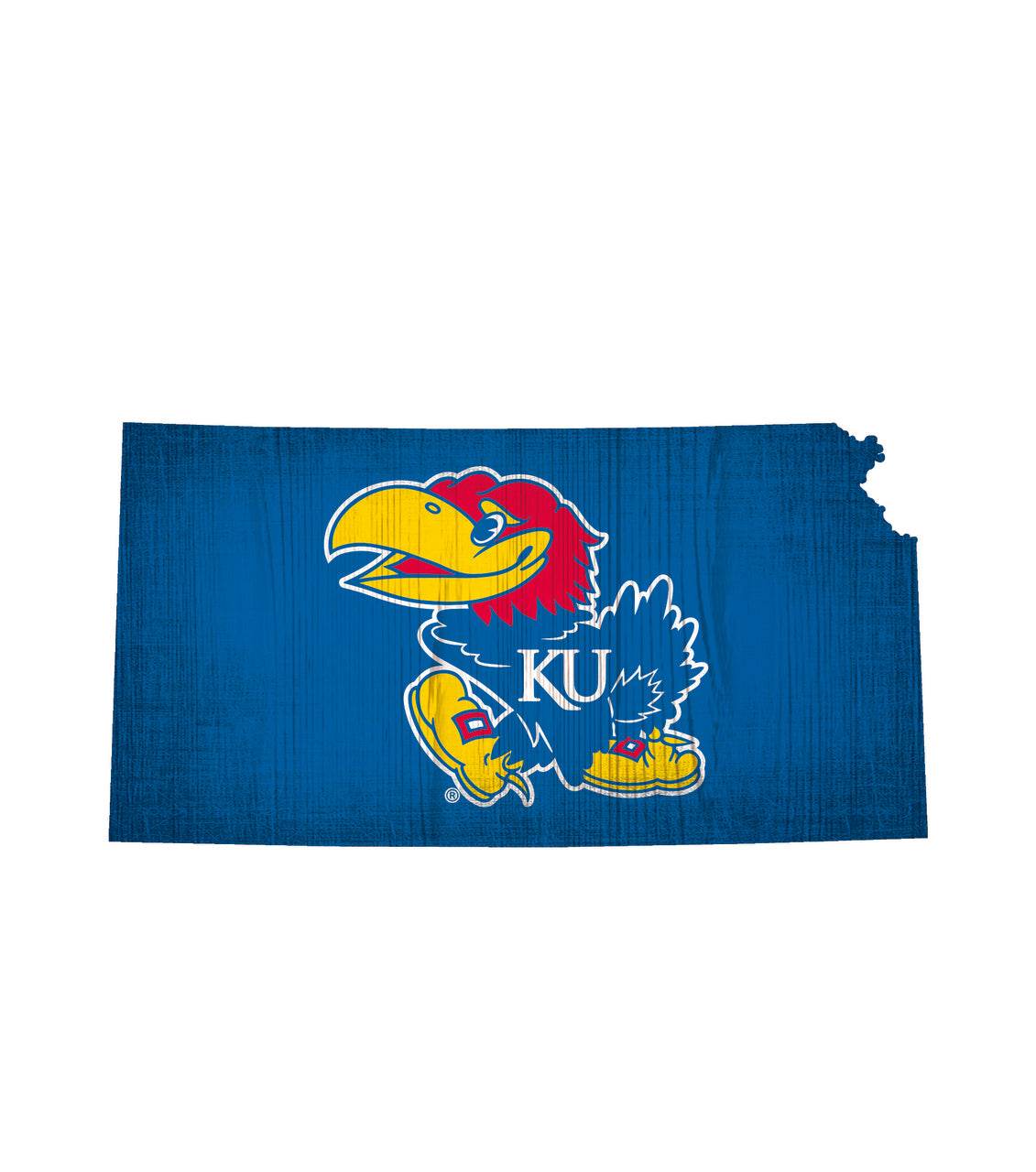 Kansas Jayhawks Wood Sign 12 Inch State Shape Bracket - ToylandEU