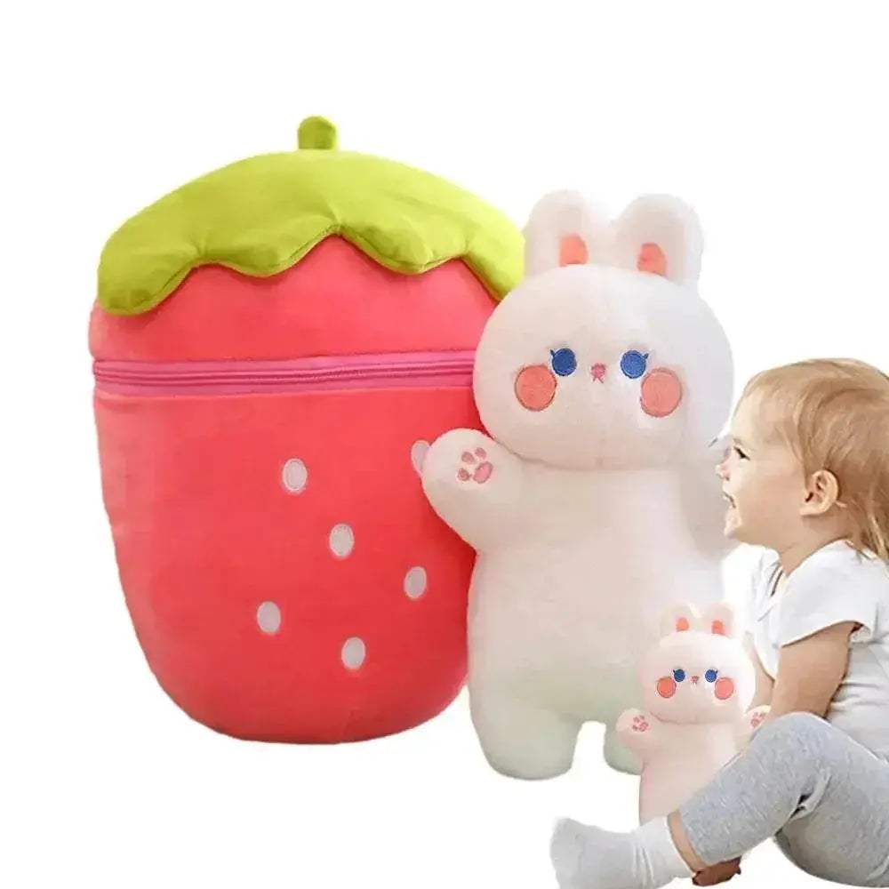  Kawaii Reversible Bunny Plush Pillow – Soft Strawberry & Pig Companion -  ToylandEU™