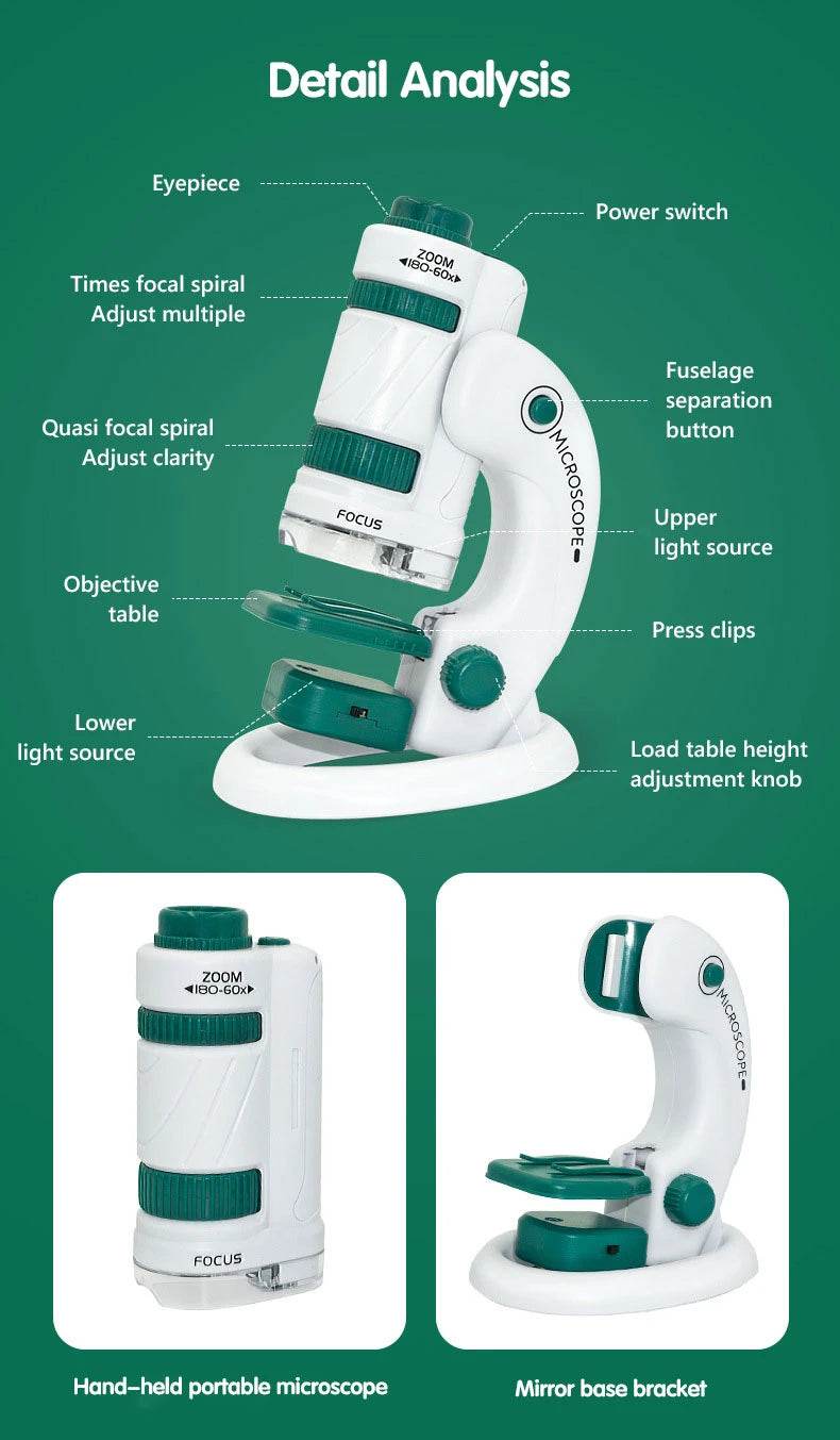 Kid Science Experiment Pocket Microscope Toy Kit 60-120x Educational Mini Handheld Microscope with Light Children STEM Toys Gift - ToylandEU