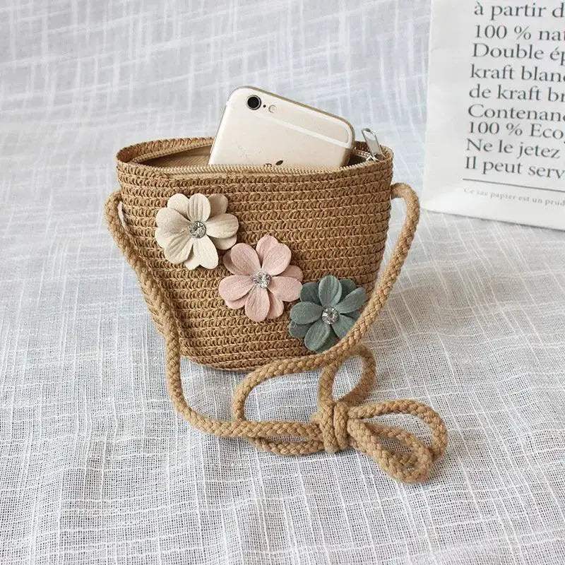 Kids Beach Bag Straw Crossbody Flower Print Lightweight Girls - ToylandEU