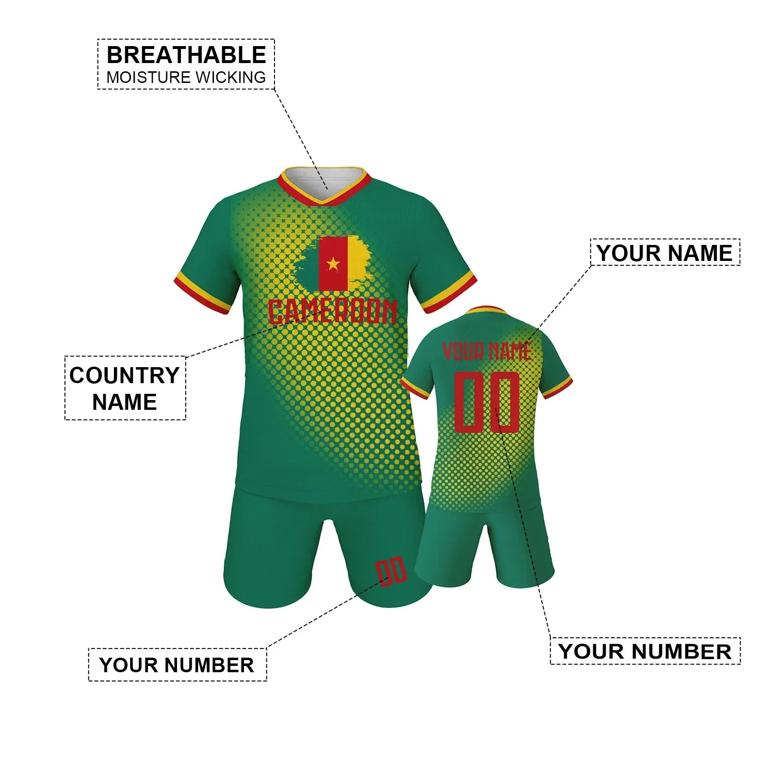Kids Cameroon National Team Soccer Jersey Knit - Custom Name And Number, Unisex Youth Shirt And Shorts, Training Uniform - ToylandEU