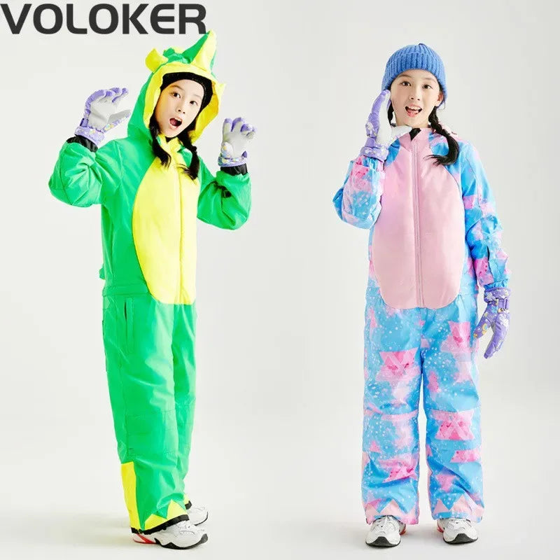 Kids Cartoon Dinosaur Ski Suit One Piece Waterproof Winter Gear - ToylandEU