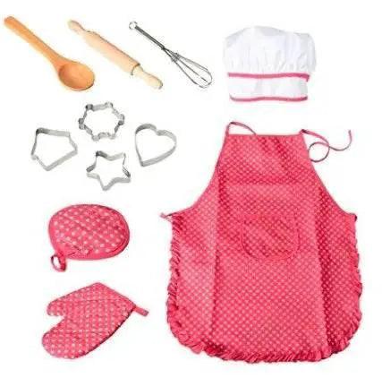  11 Piece Set Apron for Little Girls Kids Cooking Baking Set with Chef Hat Mitt and Utensils for Toddler Dress Up Chef Costume Role Play -  ToylandEU™