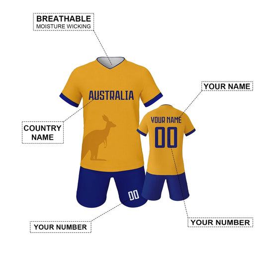 Kids Custom Australia Soccer Jersey Kit Short Sleeve And Shorts With Name And Number Breathable Knit Uniform - ToylandEU