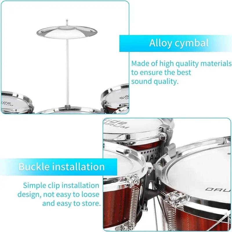 Kids Drum Set Musical Toy Drum Kit for Toddlers Jazz Drum Set with Stool 2 Drum Sticks Cymbal and 5 Drums Musical Instruments - ToylandEU