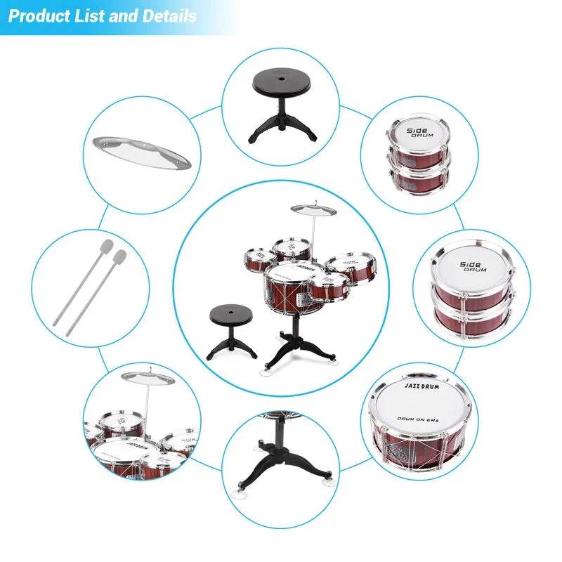 Kids Drum Set Musical Toy Drum Kit for Toddlers Jazz Drum Set with Stool 2 Drum Sticks Cymbal and 5 Drums Musical Instruments - ToylandEU