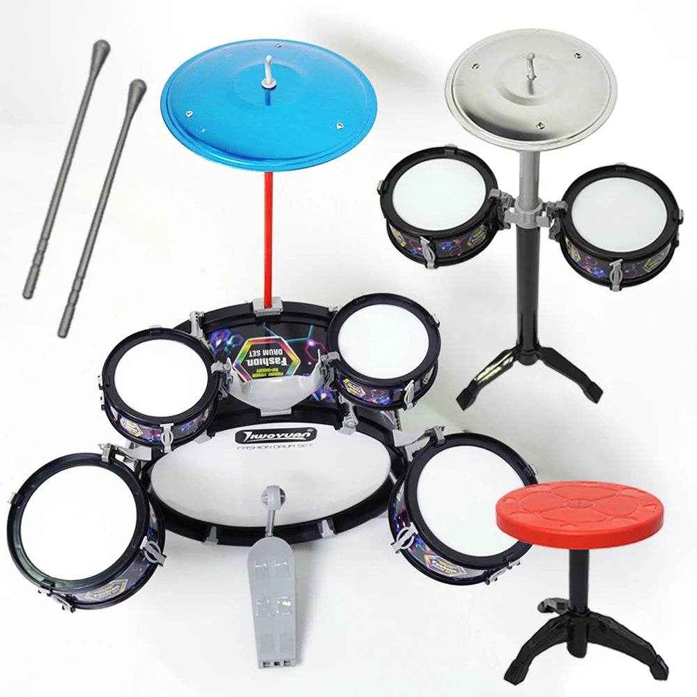Kids Drum Set Toddler Jazz 7 Drums With Small Stool Drum Stick Set Music Instrument Educational Toy Beginners Montessori Gift - ToylandEU