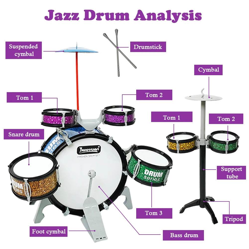 Kids Drum Set Toddler Jazz 7 Drums With Small Stool Drum Stick Set Music Instrument Educational Toy Beginners Montessori Gift - ToylandEU