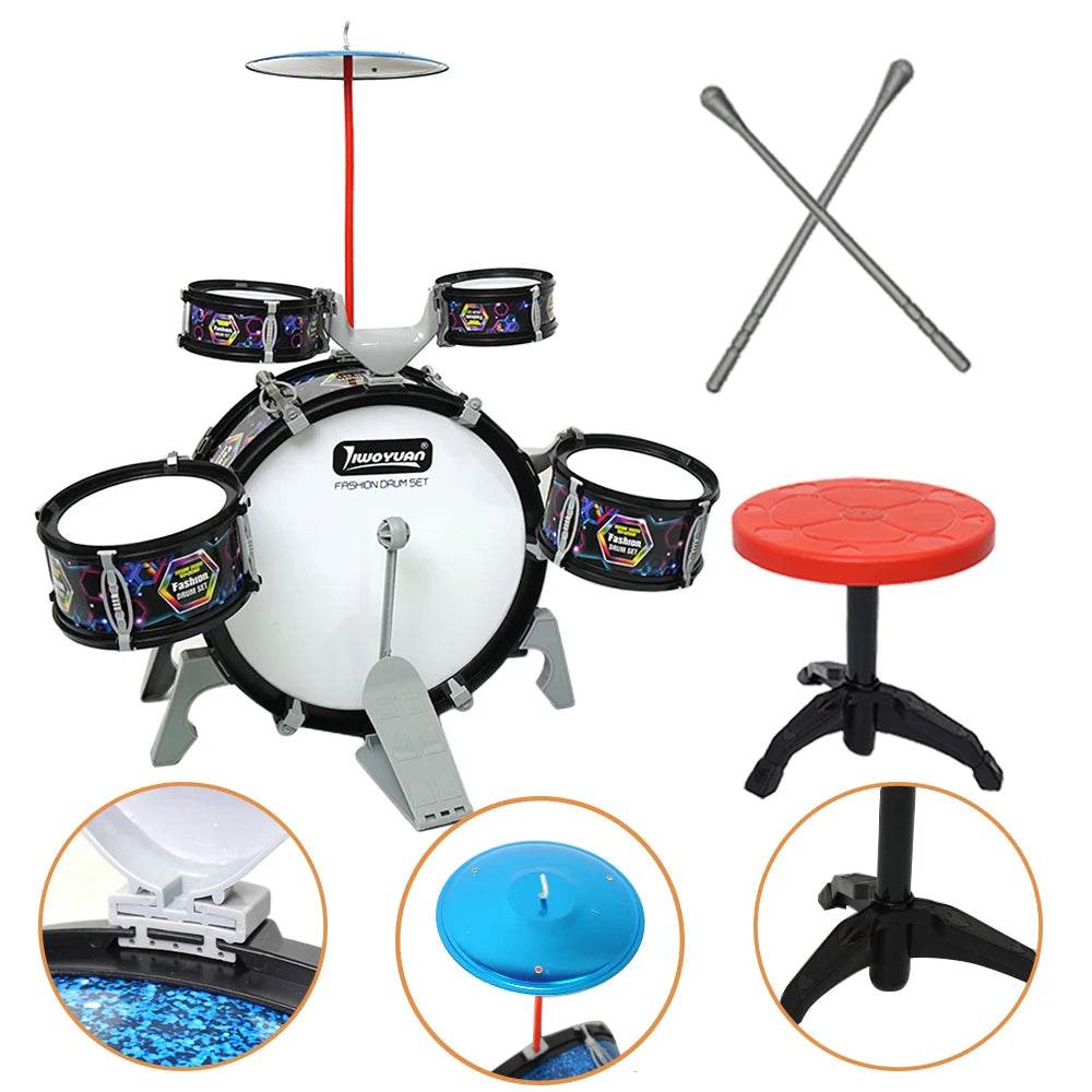 Kids Drum Set Toddler Jazz 7 Drums With Small Stool Drum Stick Set Music Instrument Educational Toy Beginners Montessori Gift - ToylandEU