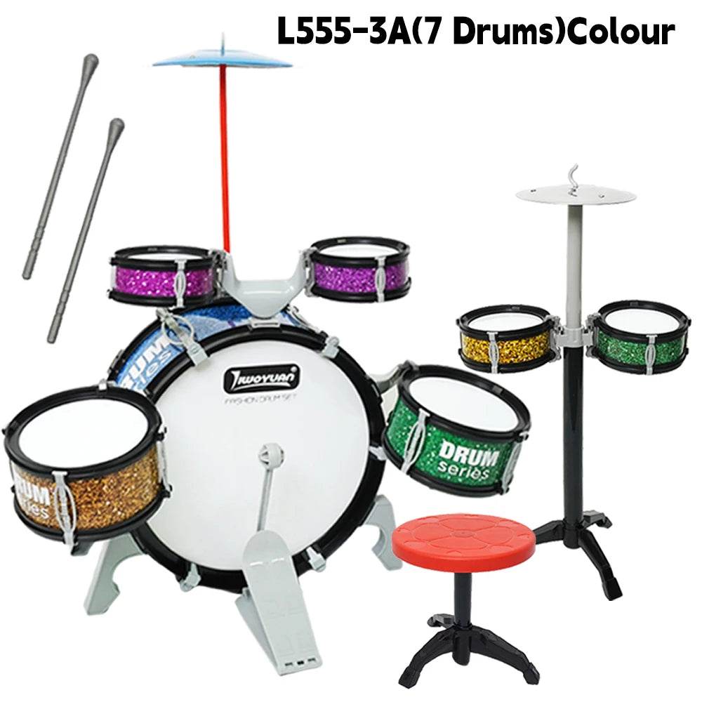 Kids Drum Set Toddler Jazz 7 Drums With Small Stool Drum Stick Set Music Instrument Educational Toy Beginners Montessori Gift - ToylandEU