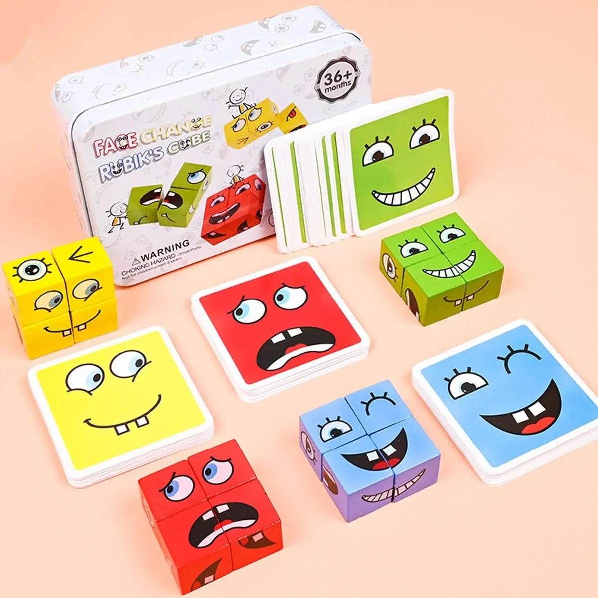Kids Emotions Expression Game Wooden Cube Face Changing Board Cartoon Puzzle Toy Montessori Thinking Challenge Games - ToylandEU