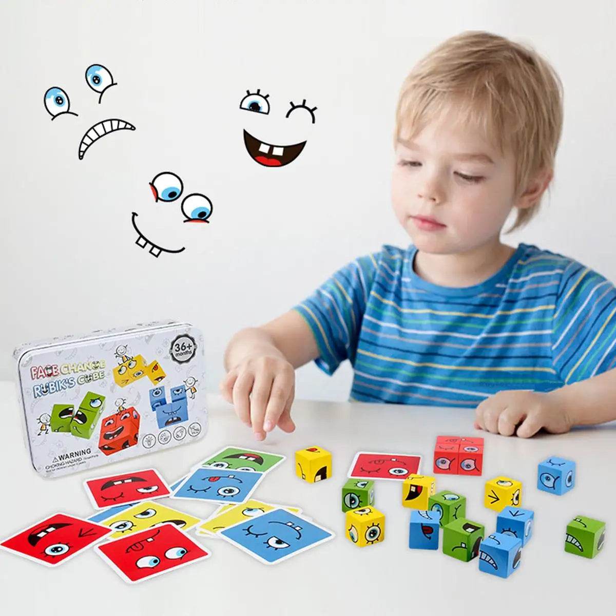 Kids Emotions Expression Game Wooden Cube Face Changing Board Cartoon Puzzle Toy Montessori Thinking Challenge Games - ToylandEU