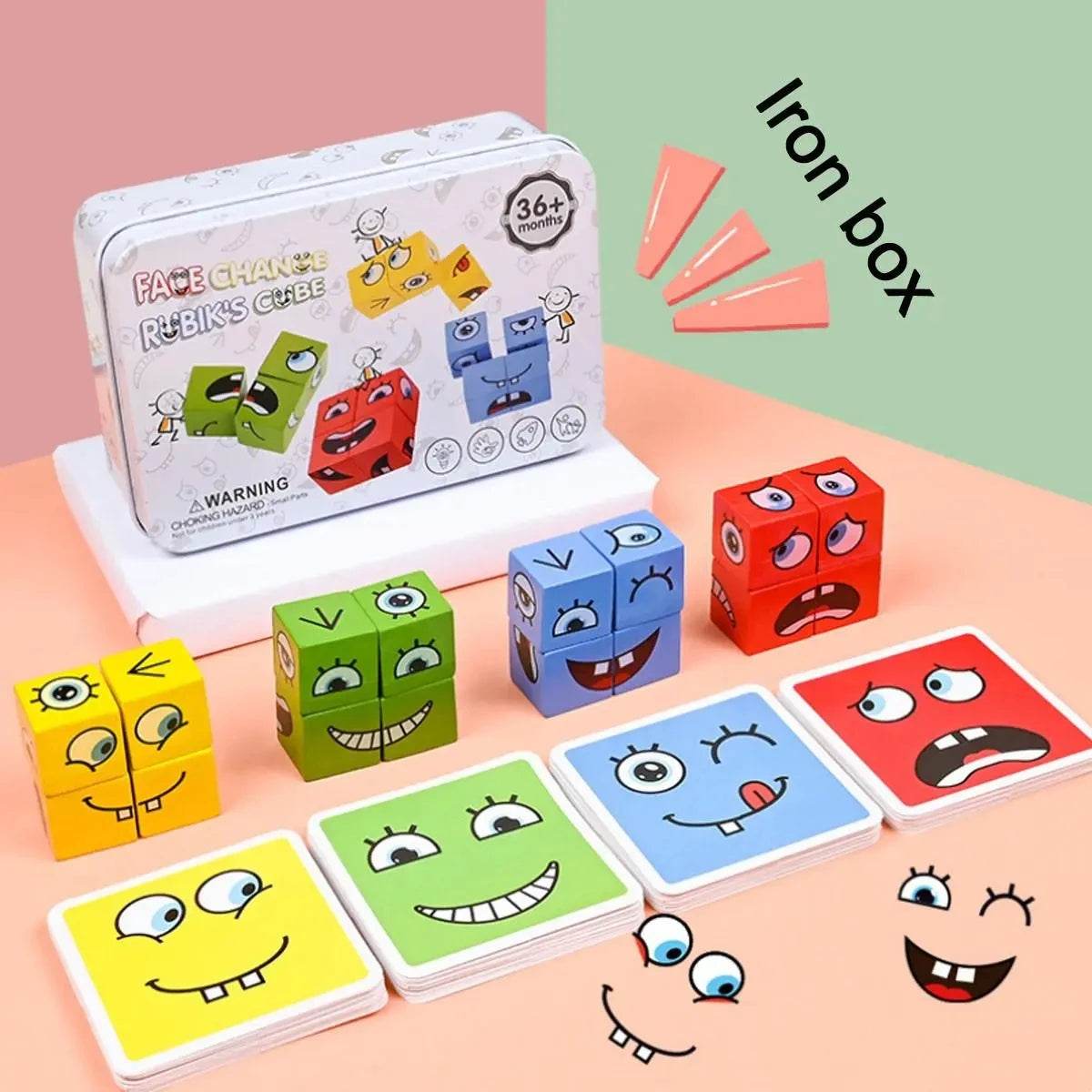 Kids Emotions Expression Game Wooden Cube Face Changing Board Cartoon Puzzle Toy Montessori Thinking Challenge Games - ToylandEU