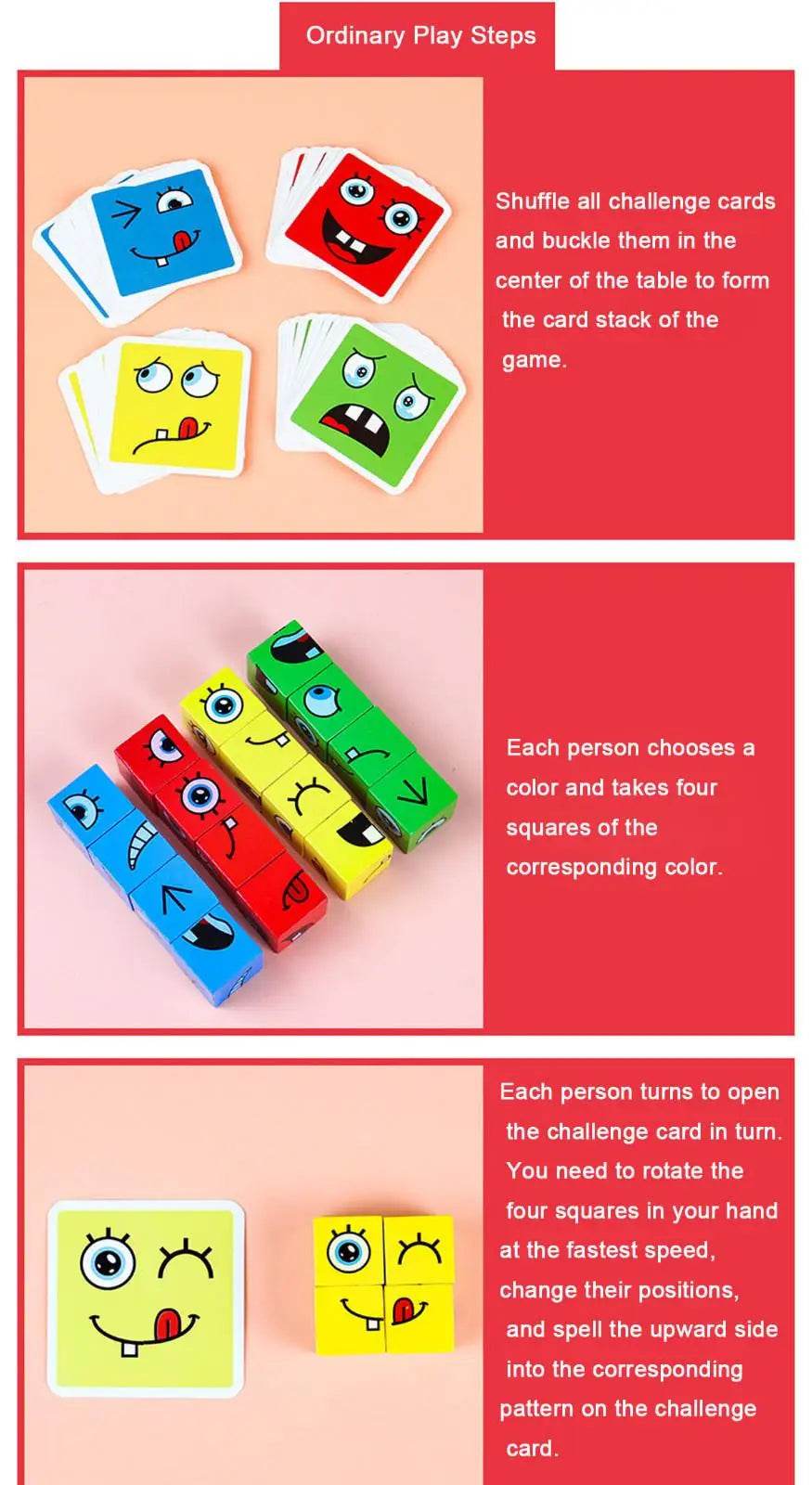 Kids Emotions Expression Game Wooden Cube Face Changing Board Cartoon Puzzle Toy Montessori Thinking Challenge Games - ToylandEU