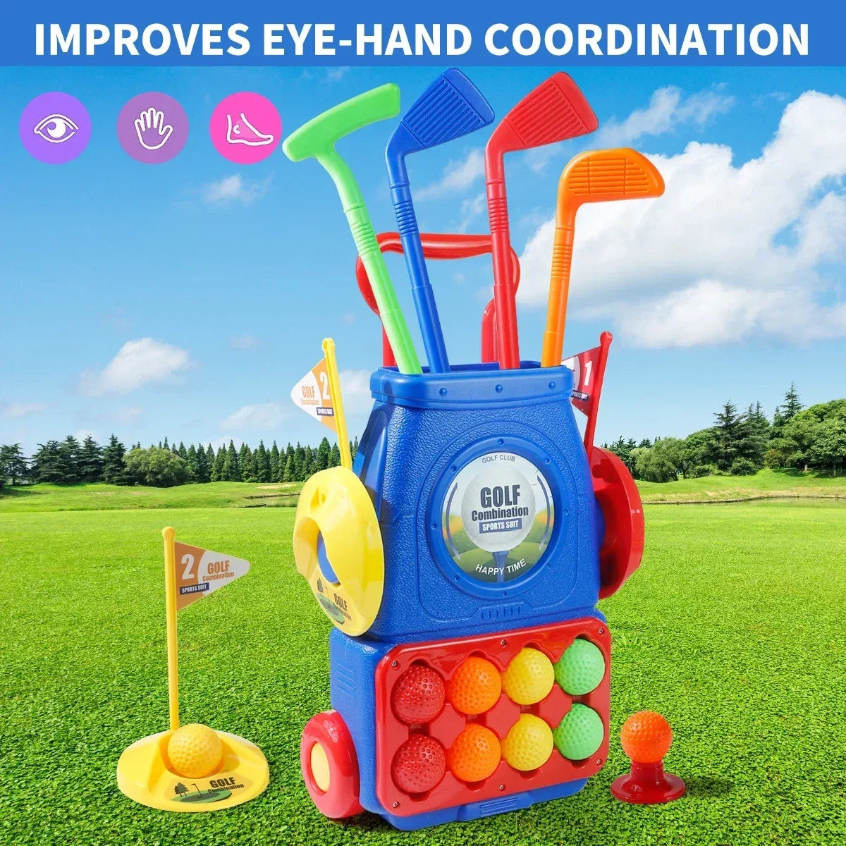 Kids Golf Cart Toy With Clubs Balls Mat Indoor Outdoor Playset Plastic 3 To 6 - ToylandEU