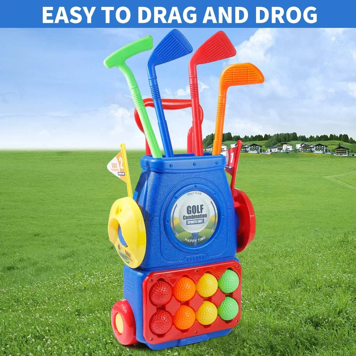 Kids Golf Cart Toy With Clubs Balls Mat Indoor Outdoor Playset Plastic 3 To 6 - ToylandEU