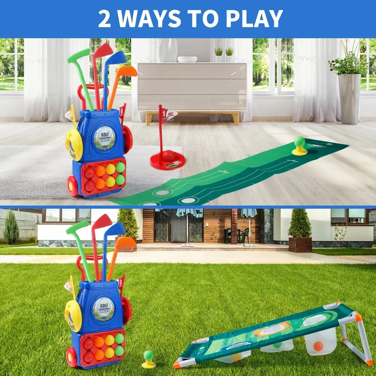 Kids Golf Cart Toy With Clubs Balls Mat Indoor Outdoor Playset Plastic 3 To 6 - ToylandEU