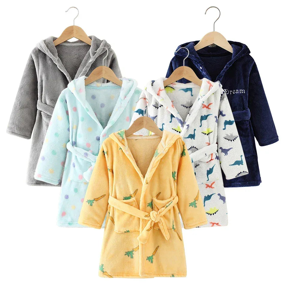 Kids Hooded Flannel Bathrobe With Cartoon Print Comfort - ToylandEU
