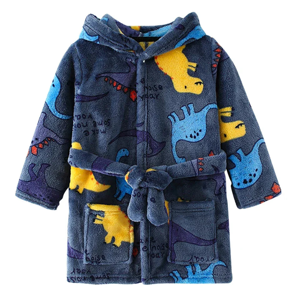 Kids Hooded Flannel Bathrobe With Cartoon Print Comfort - ToylandEU