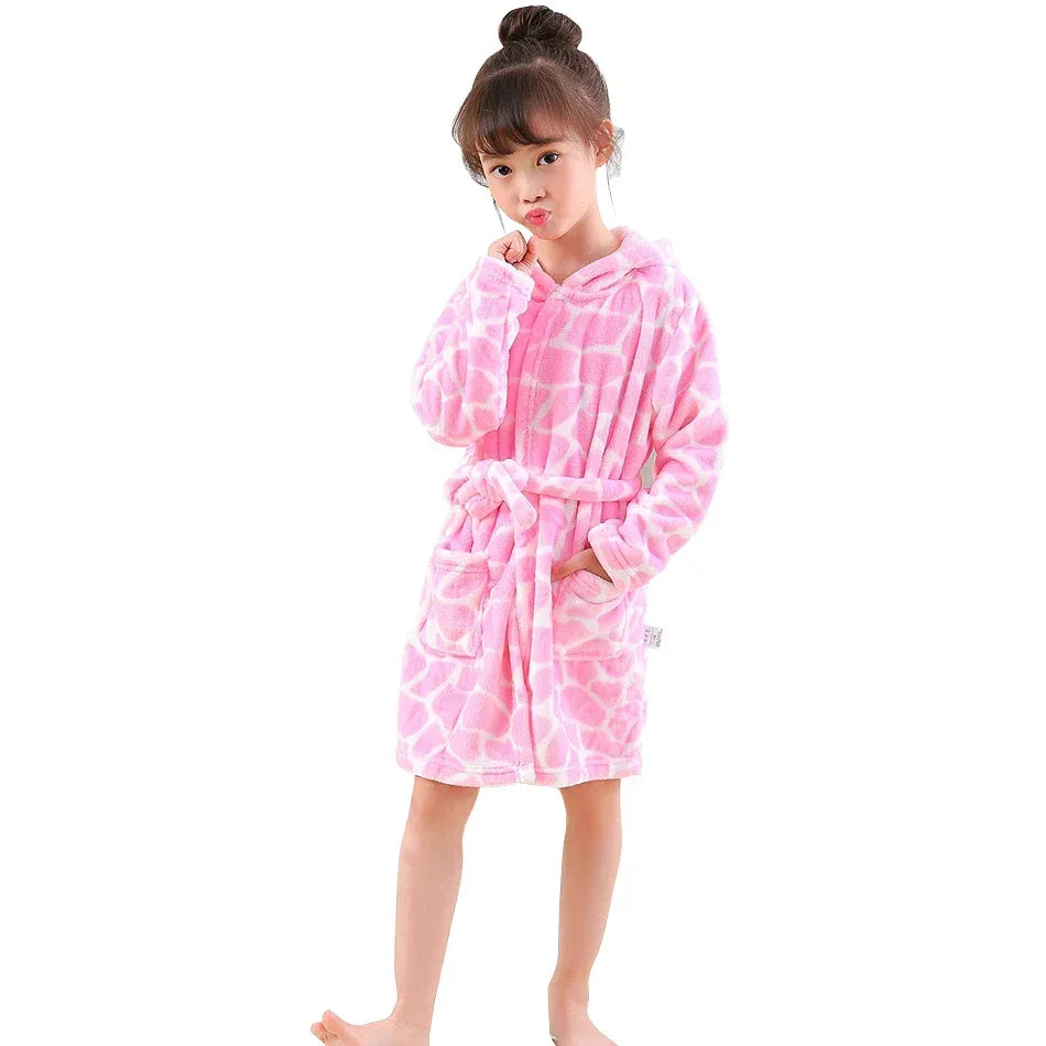 Kids Hooded Flannel Bathrobe With Cartoon Print Comfort - ToylandEU