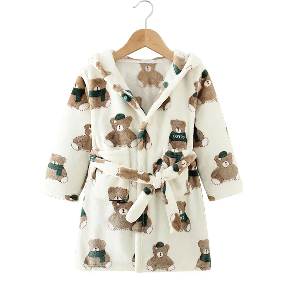Kids Hooded Flannel Bathrobe With Cartoon Print Comfort - ToylandEU