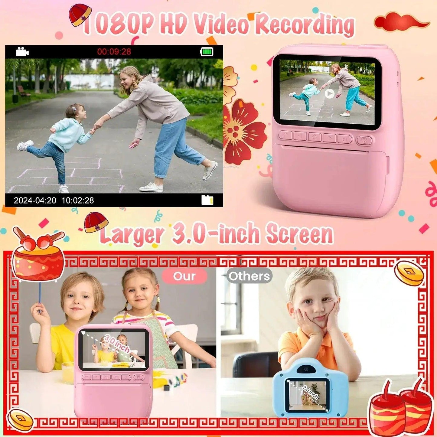  Kids Instant Print Digital Camera, 32MP HD 1080P, 3.0" Screen with 3 Rolls of Printer Paper for Ages 6-12 -  ToylandEU™