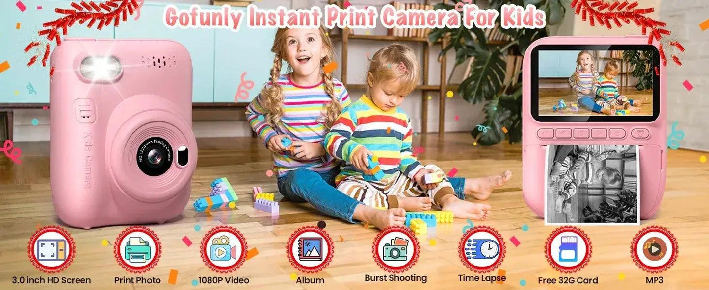  Kids Instant Print Digital Camera, 32MP HD 1080P, 3.0" Screen with 3 Rolls of Printer Paper for Ages 6-12 -  ToylandEU™