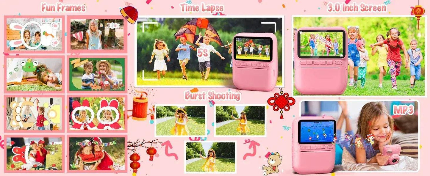  Kids Instant Print Digital Camera, 32MP HD 1080P, 3.0" Screen with 3 Rolls of Printer Paper for Ages 6-12 -  ToylandEU™