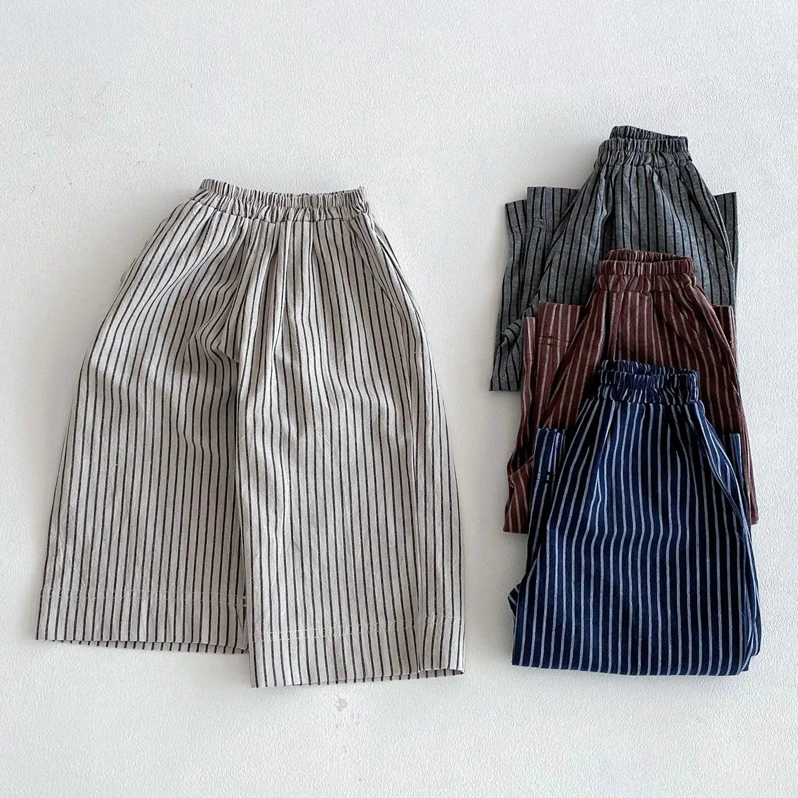  Kids Linen Cotton Stripe Pants Elastic Waist Unisex -  ToylandEU™