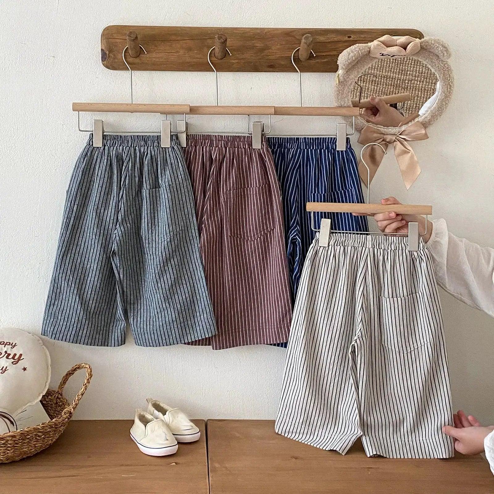  Kids Linen Cotton Stripe Pants Elastic Waist Unisex -  ToylandEU™
