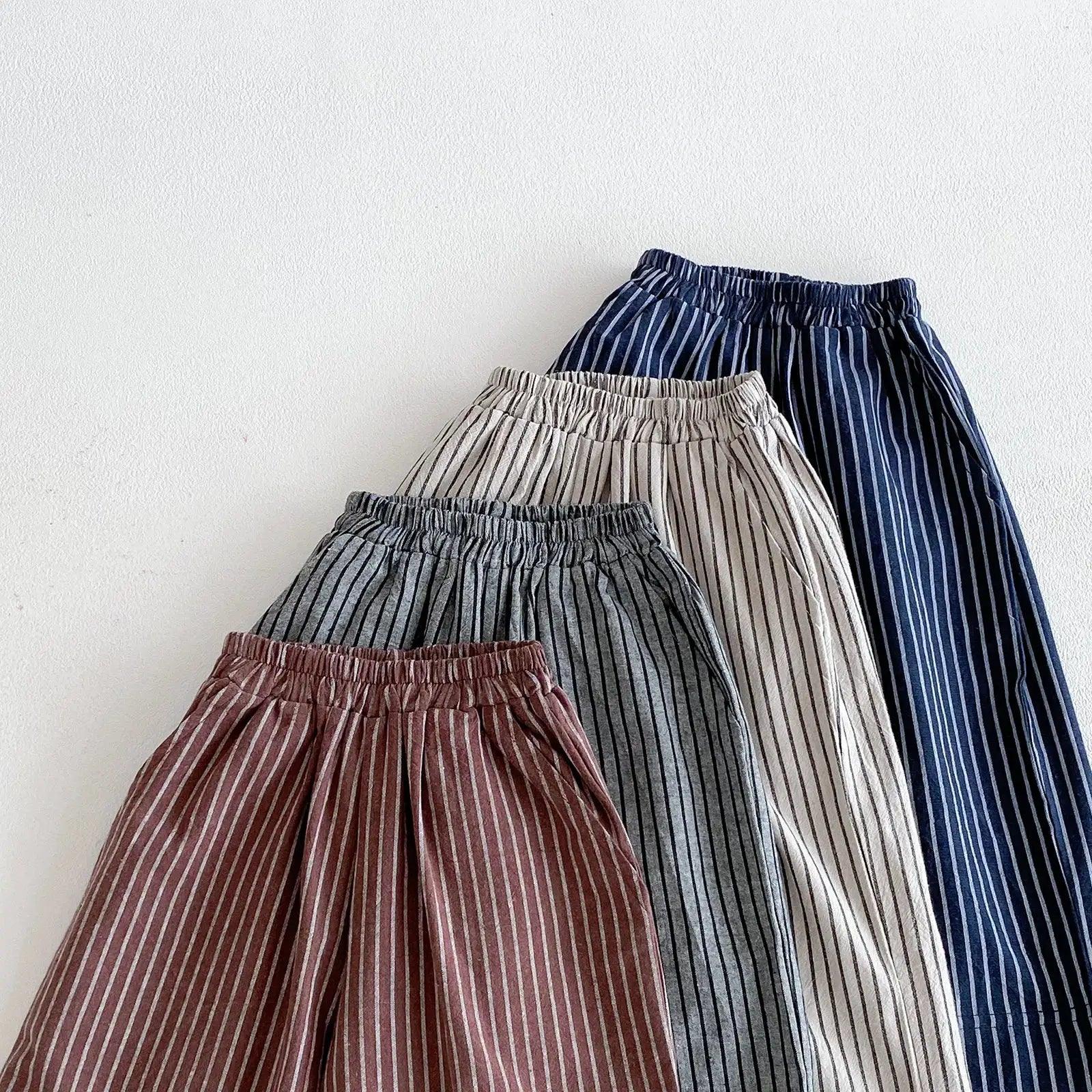  Kids Linen Cotton Stripe Pants Elastic Waist Unisex -  ToylandEU™