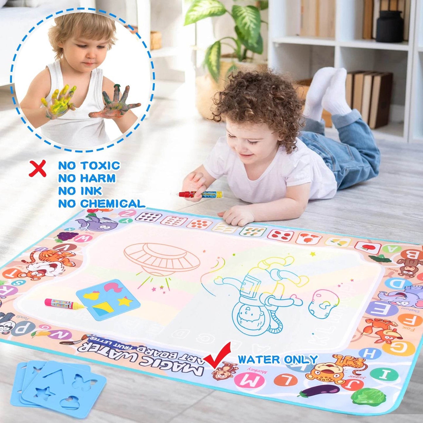 80x60CM Kids Magic Water Drawing Mat with Reusable Magic Pens Educational Montessori Painting Board Gifts - ToylandEU