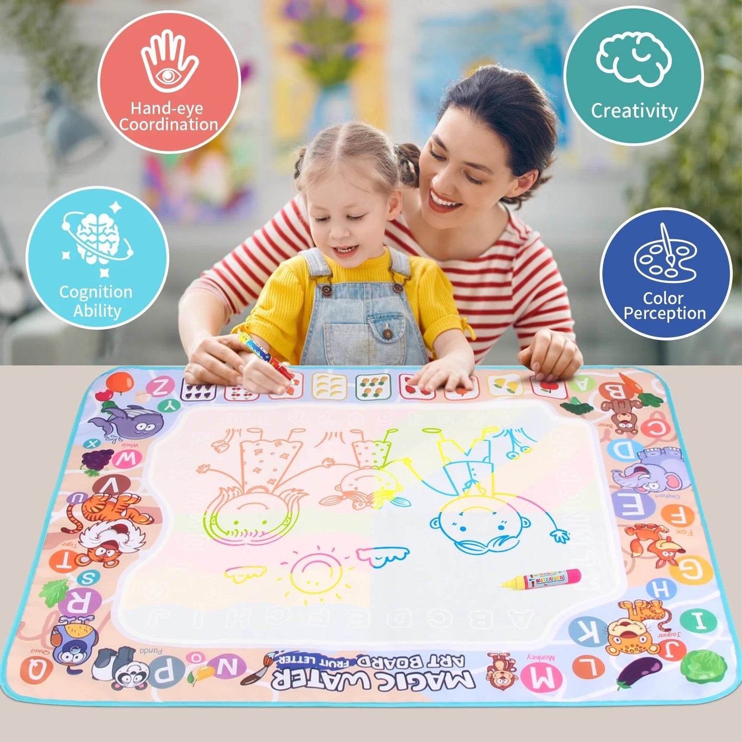 80x60CM Kids Magic Water Drawing Mat with Reusable Magic Pens Educational Montessori Painting Board Gifts - ToylandEU