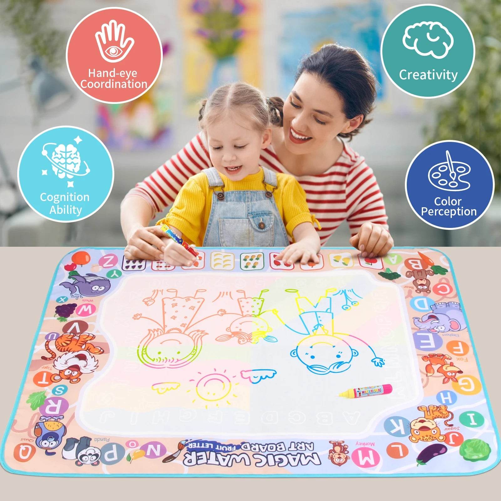 80x60CM Kids Magic Water Drawing Mat with Reusable Magic Pens Educational Montessori Painting Board Gifts - ToylandEU
