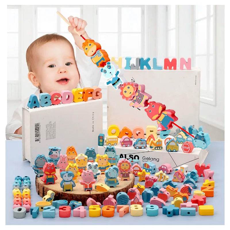 Kids Montessori Wooden Lacing Toy Diy Wooden Beads for Children Cartoon Animals Fruit Letter Digital Beads Threading Toys Gifts - ToylandEU
