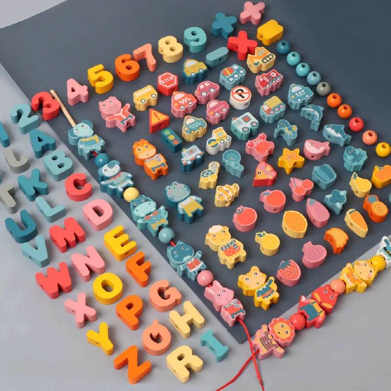 Kids Montessori Wooden Lacing Toy Diy Wooden Beads for Children Cartoon Animals Fruit Letter Digital Beads Threading Toys Gifts - ToylandEU