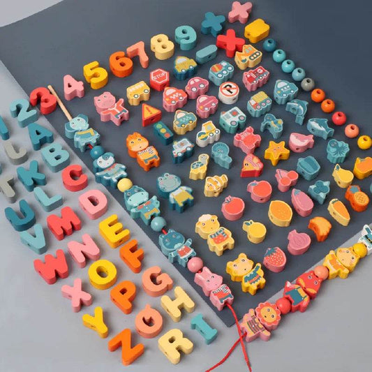 Kids Montessori Wooden Lacing Toy Diy Wooden Beads for Children Cartoon Animals Fruit Letter Digital Beads Threading Toys Gifts - ToylandEU