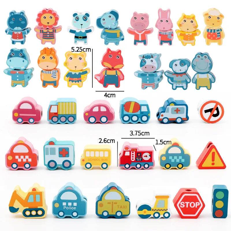 Kids Montessori Wooden Lacing Toy Diy Wooden Beads for Children Cartoon Animals Fruit Letter Digital Beads Threading Toys Gifts - ToylandEU