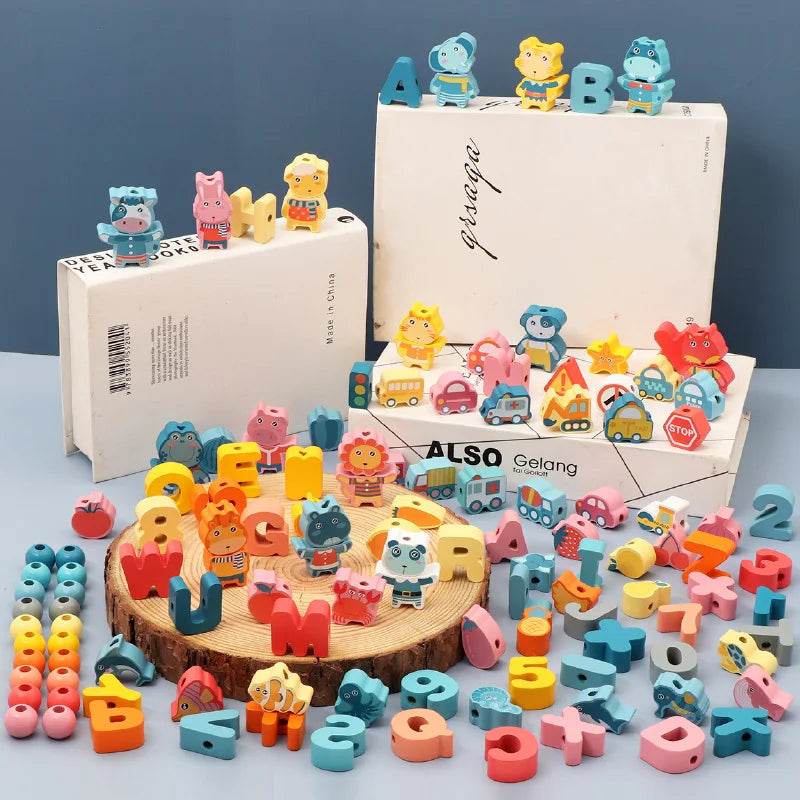Kids Montessori Wooden Lacing Toy Diy Wooden Beads for Children Cartoon Animals Fruit Letter Digital Beads Threading Toys Gifts - ToylandEU