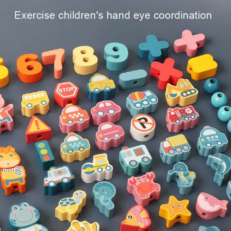 Kids Montessori Wooden Lacing Toy Diy Wooden Beads for Children Cartoon Animals Fruit Letter Digital Beads Threading Toys Gifts - ToylandEU