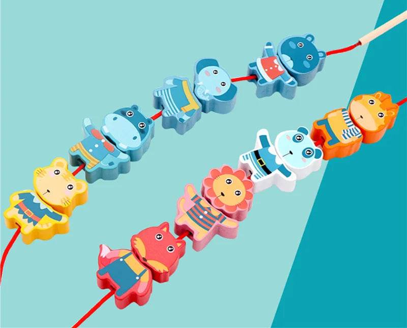 Kids Montessori Wooden Lacing Toy Diy Wooden Beads for Children Cartoon Animals Fruit Letter Digital Beads Threading Toys Gifts - ToylandEU
