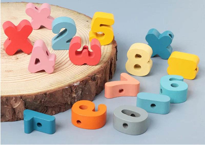 Kids Montessori Wooden Lacing Toy Diy Wooden Beads for Children Cartoon Animals Fruit Letter Digital Beads Threading Toys Gifts - ToylandEU