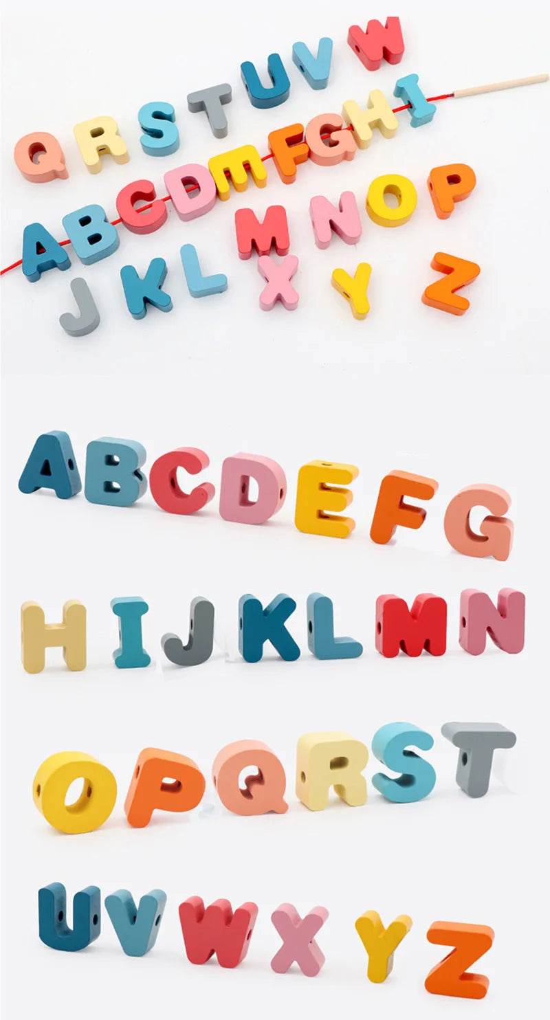 Kids Montessori Wooden Lacing Toy Diy Wooden Beads for Children Cartoon Animals Fruit Letter Digital Beads Threading Toys Gifts - ToylandEU