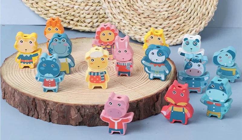 Kids Montessori Wooden Lacing Toy Diy Wooden Beads for Children Cartoon Animals Fruit Letter Digital Beads Threading Toys Gifts - ToylandEU