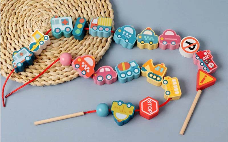 Kids Montessori Wooden Lacing Toy Diy Wooden Beads for Children Cartoon Animals Fruit Letter Digital Beads Threading Toys Gifts - ToylandEU