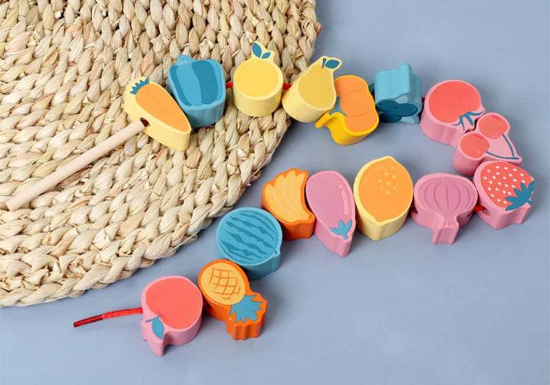Kids Montessori Wooden Lacing Toy Diy Wooden Beads for Children Cartoon Animals Fruit Letter Digital Beads Threading Toys Gifts - ToylandEU