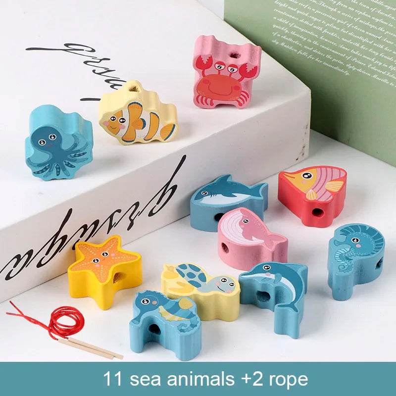 Kids Montessori Wooden Lacing Toy Diy Wooden Beads for Children Cartoon Animals Fruit Letter Digital Beads Threading Toys Gifts - ToylandEU