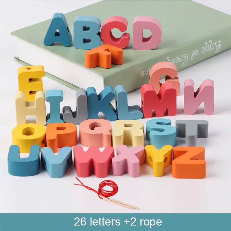 Kids Montessori Wooden Lacing Toy Diy Wooden Beads for Children Cartoon Animals Fruit Letter Digital Beads Threading Toys Gifts - ToylandEU