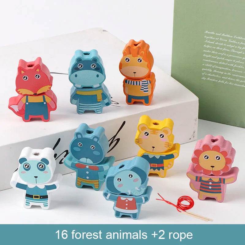 Kids Montessori Wooden Lacing Toy Diy Wooden Beads for Children Cartoon Animals Fruit Letter Digital Beads Threading Toys Gifts - ToylandEU